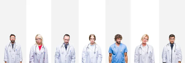 Collage Medici Professionisti Strisce Sfondo Isolato Depresso Preoccupazione Angoscia Piangendo — Foto Stock
