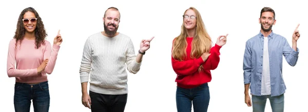 Collage Grupp Ungdomar Över Vit Isolerade Bakgrund Med Ett Stort — Stockfoto