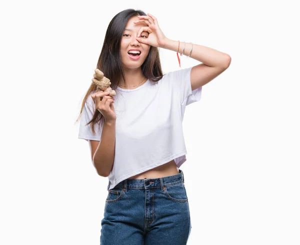 Jovem Asiático Mulher Segurando Fresco Orgânico Sobre Isolado Fundo Com — Fotografia de Stock