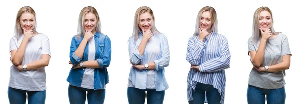 Collage Van Mooie Blonde Jonge Vrouw Geïsoleerde Achtergrond Zoek Vertrouwen — Stockfoto