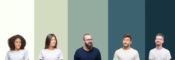 Collage Van Groep Jongeren Kleurrijke Geïsoleerde Achtergrond Glimlachend Uitziende Kant — Stockfoto