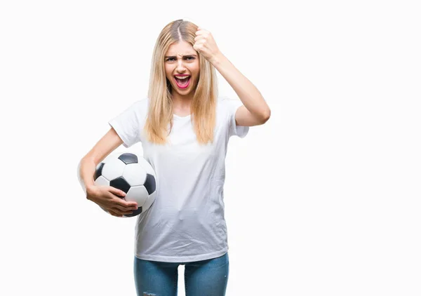 Young Beautiful Blonde Woman Holding Soccer Ball Isolated Background Annoyed — Stock Photo, Image