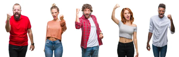 Collage Group Young People Colorful Isolated Background Angry Mad Raising — Stock Photo, Image