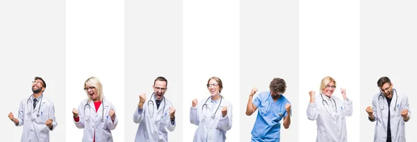 Collage Médicos Profesionales Sobre Rayas Fondo Aislado Muy Feliz Emocionado — Foto de Stock