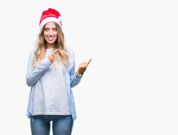 Όμορφη Νεαρή Ξανθιά Γυναίκα Που Φοράει Καπέλο Χριστουγέννων Πέρα Από — Φωτογραφία Αρχείου