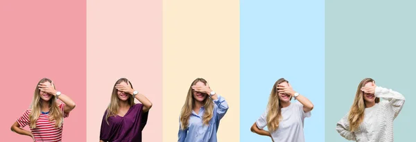 Collage Van Mooie Jonge Vrouw Kleurrijke Strepen Geïsoleerde Achtergrond Glimlachen — Stockfoto