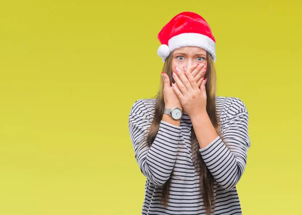 Young Beautiful Caucasian Woman Wearing Christmas Hat Isolated Background Shocked — Stock Photo, Image