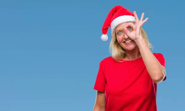 Middle Age Blonde Woman Wearing Christmas Hat Isolated Background Doing — Stock Photo, Image