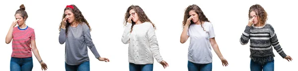 Collage Dziewczyna Młoda Brunetka Włosy Kręcone Białym Tle Pachnący Coś — Zdjęcie stockowe