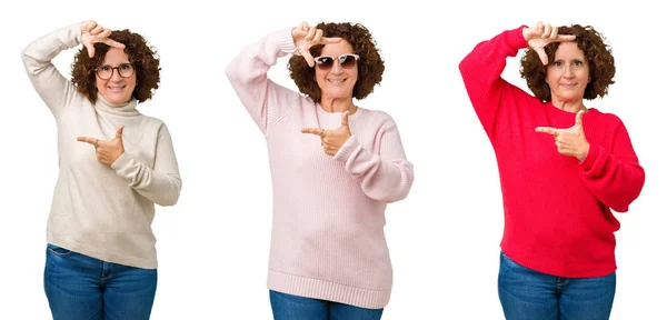 中年笑顔の幸せそうな顔で指と手作りフレーム分離白地に冬のセーターを身に着けている年配の女性のコラージュ 創造性と写真のコンセプト — ストック写真