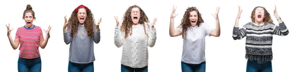 Collage Von Jungen Brünetten Mädchen Mit Lockigem Haar Vor Isoliertem — Stockfoto