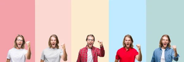 Collage Giovane Bell Uomo Strisce Colorate Sfondo Isolato Arrabbiato Pazzo — Foto Stock