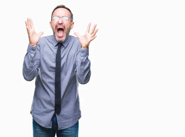 Hombre Negocios Mediana Edad Con Gafas Sobre Fondo Aislado Celebrando —  Fotos de Stock