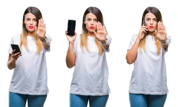 Collage Young Beautiful Woman Using Smartphone Isolated Background Open Hand — Stock Photo, Image