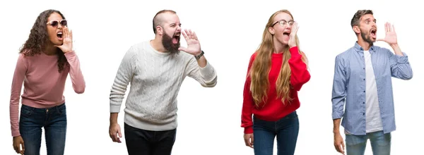 Collage Van Groep Jongeren Witte Geïsoleerde Achtergrond Schreeuwen Schreeuwen Luid — Stockfoto