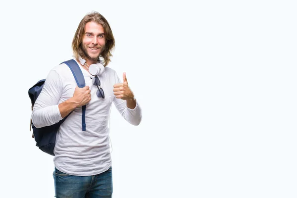 Young Handsome Tourist Man Long Hair Wearing Backpack Isolated Background — Stock Photo, Image