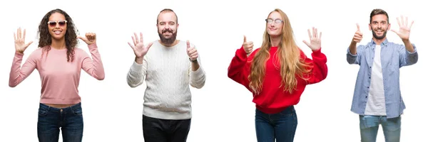 Collage Grupp Ungdomar Över Vit Isolerade Bakgrund Visar Och Pekar — Stockfoto