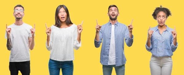 Collage Aus Gruppenmenschen Frauen Und Männern Vor Buntem Gelbem Hintergrund — Stockfoto