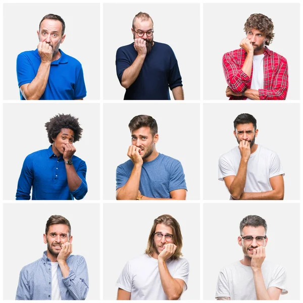 Collage Group Men White Isolated Background Looking Stressed Nervous Hands — Stock Photo, Image