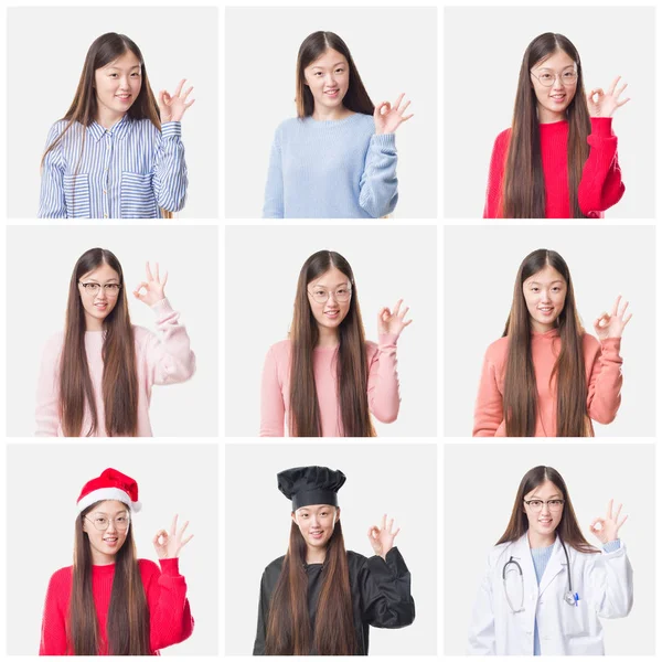 年轻医生拼贴 厨师亚洲妇女孤立的背景微笑积极做确定的迹象与手和手指 成功的表达 — 图库照片