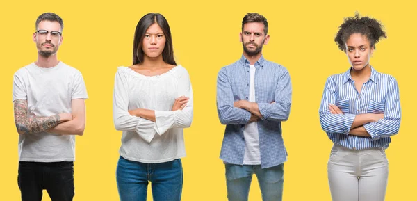 Collage Persone Gruppo Donne Uomini Sfondo Colorato Giallo Isolato Scettico — Foto Stock