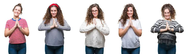 Collage Van Jonge Brunette Krullend Haar Meisje Geïsoleerde Achtergrond Bidden — Stockfoto