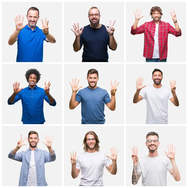 Коллаж Группы Мужчин Белом Изолированном Фоне Показывая Указывая Пальцами Номер — стоковое фото