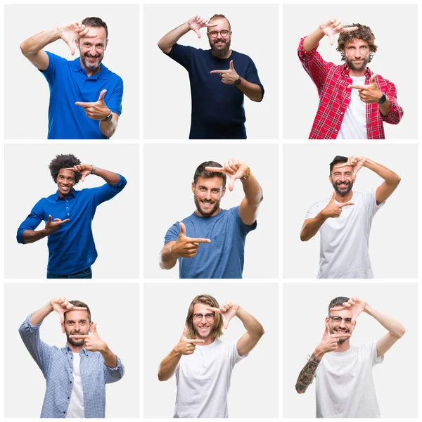 Collage Van Groep Mannen Witte Geïsoleerde Achtergrond Glimlachend Maken Frame — Stockfoto