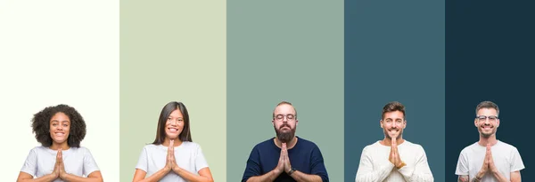 Collage Van Groep Jongeren Kleurrijke Geïsoleerde Achtergrond Bidden Met Handen — Stockfoto