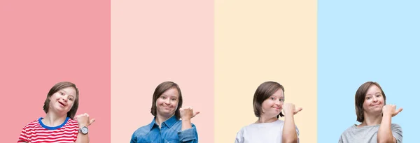 Colagem Mulher Síndrome Sobre Listras Coloridas Fundo Isolado Sorrindo Com — Fotografia de Stock