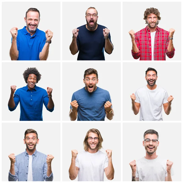 Collage Van Groep Mannen Het Vieren Van Witte Geïsoleerde Achtergrond — Stockfoto