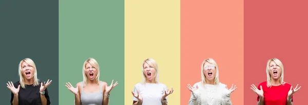 Collage Von Schönen Blonden Frau Über Vintage Isolierten Hintergrund Verrückt — Stockfoto