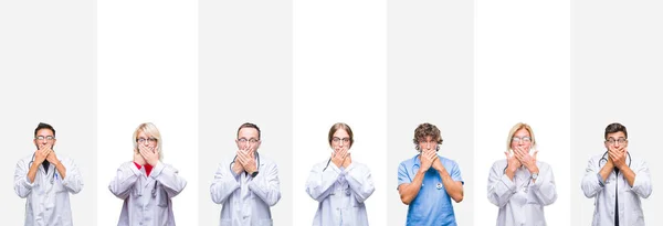 Collage Professional Doctors Stripes Isolated Background Shocked Covering Mouth Hands — Stock Photo, Image