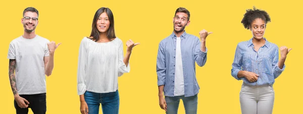 Collage Van Groep Mensen Vrouwen Mannen Kleurrijke Gele Geïsoleerde Achtergrond — Stockfoto