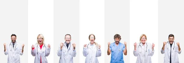 Collage Professional Doctors Stripes Isolated Background Excited Success Arms Raised — Stock Photo, Image
