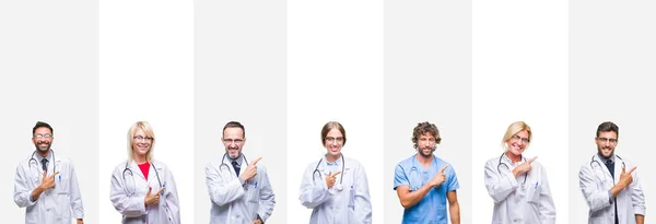 Collage Medici Professionisti Strisce Sfondo Isolato Allegro Con Sorriso Viso — Foto Stock