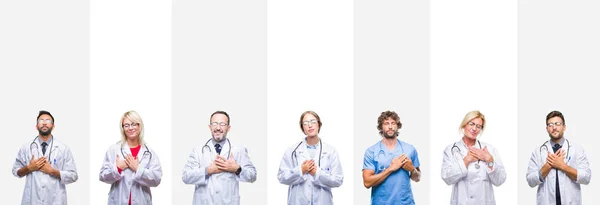 Collage Médecins Professionnels Sur Des Rayures Fond Isolé Souriant Avec — Photo
