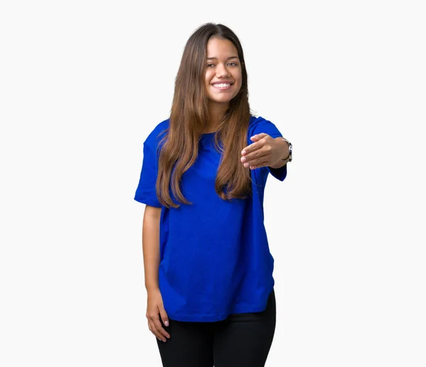 Jonge Mooie Brunette Vrouw Blauw Shirt Dragen Geïsoleerde Achtergrond Lachende — Stockfoto