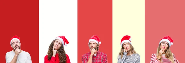 Collage Group Young People Wearing Chrismast Hat Isolated Background Hand — Stock Photo, Image