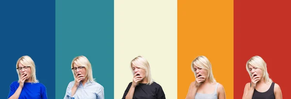 Колаж Красивої Блондинки Барвистому Вінтажному Ізольованому Фоні Нудно Позіхання Втомленого — стокове фото