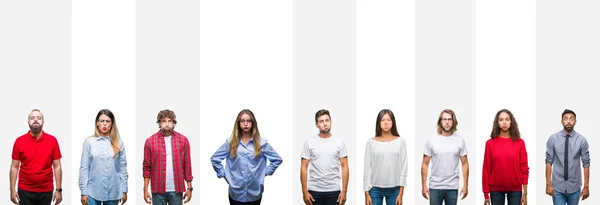 Collage Olika Etnisk Ungdomar Över Vita Ränder Isolerade Bakgrund Pustande — Stockfoto