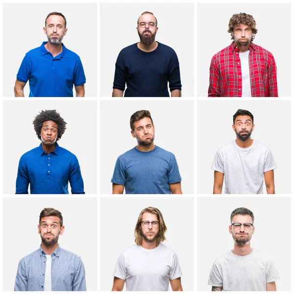Collage Grupo Hombres Sobre Fondo Blanco Aislado Hinchando Mejillas Con — Foto de Stock