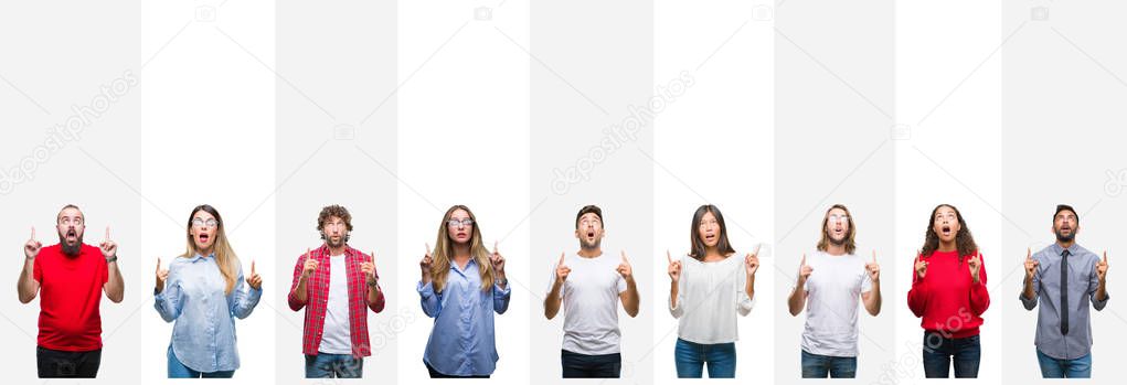 Collage of different ethnics young people over white stripes isolated background amazed and surprised looking up and pointing with fingers and raised arms.