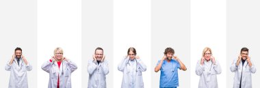 Yüksek sesle müzik gürültü rahatsız ifade parmaklarıyla kulaklarıyla kapsayan çizgili izole arka plan üzerinde profesyonel doktorlar kolaj. Sağır kavramı.