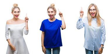 Kolaj genç güzel sarışın kadının başarılı fikirle parmağı yukarıyı izole arka plan üzerinde. Çıktıktan ve mutlu. Bir numara.