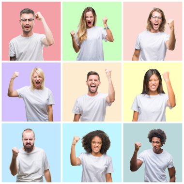 Kolaj grup insanlar, kadın ve erkek üzerinde renkli izole arka plan öfkeli ve sinirli sinirli ve öfke ile bağırarak süre öfkeli yumruk yükselterek. Öfke ve agresif kavramı.