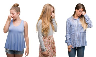 Kolaj bir grup izole arka burun ve göz yorgunluğu ve baş ağrısı duygu sürtünme yorgun üzerinde sarışın kadın. Stres ve hayal kırıklığı kavramı.