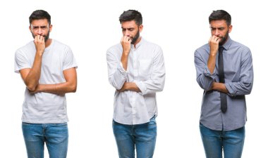 Hata için kafasına el ile kolaj yakışıklı genç Hintli izole arka plan üzerinde bir sürpriz, hata hatırlıyorum. Unuttum, kötü bellek kavramı.