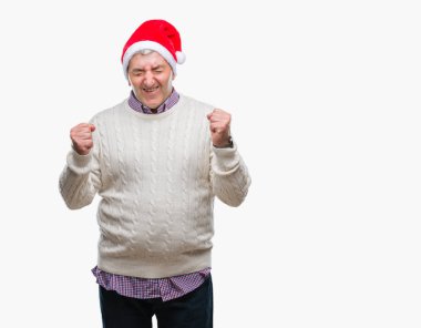 Üst düzey yakışıklı Noel şapka izole arka kolları olan başarı için heyecan üzerinde zafer kutluyor gülümseyen kaldırdı. Kazanan kavramı.