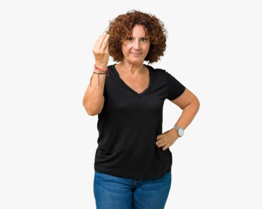 El ve parmak emin ifadeyle jest güzel orta ager üst düzey kadın izole arka yapıyor İtalyan üzerinde